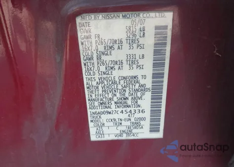 2007 Nissan Frontier Se from USA, damaged, VIN 1N6AD09W27C454336